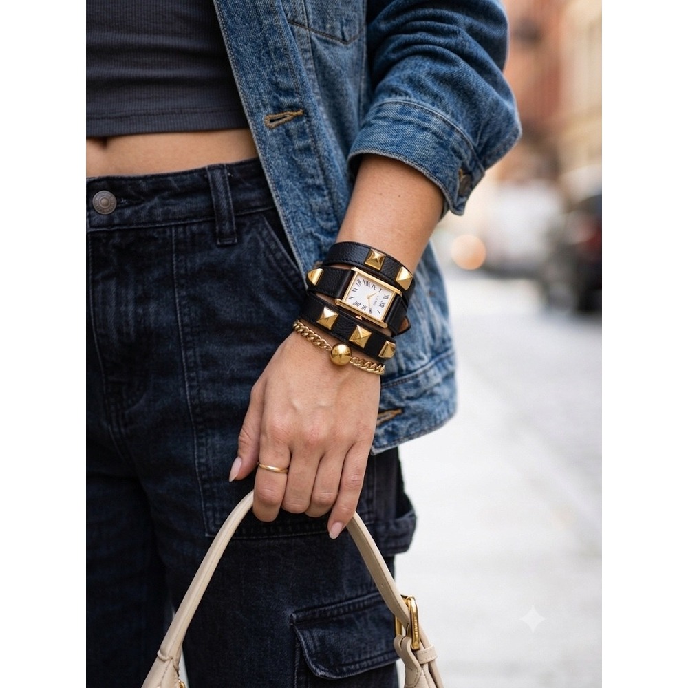 La Mer Collections Gold Studded Black Leather Wrap Watch by Martine Ilana